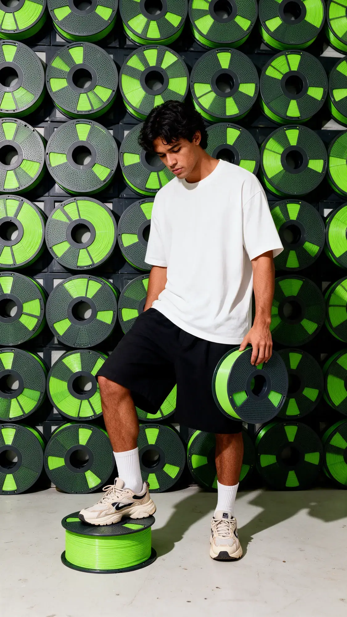 Maker de camiseta branca em pé diante de uma parede inteira de carretéis de filamento verde, com um carretel na mão