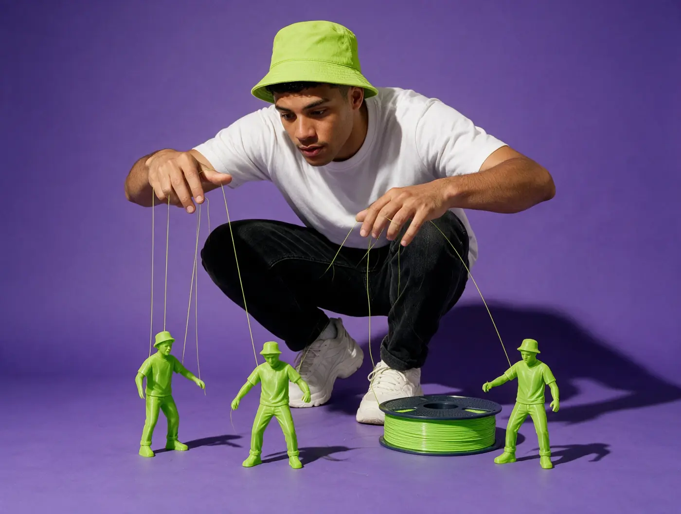 Maker agachado movimentando bonecos impressos em 3D presos a fios de filamento verde, ao lado de um carretel